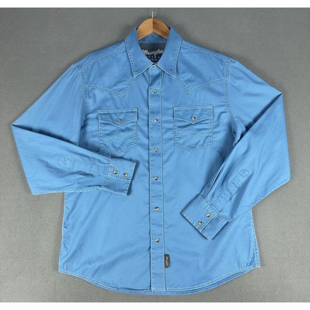 Wrangler Pearl Snap Shirt Mens Large Blue Retro Western Cowboy Cotton Dyed - Picture 2 of 8